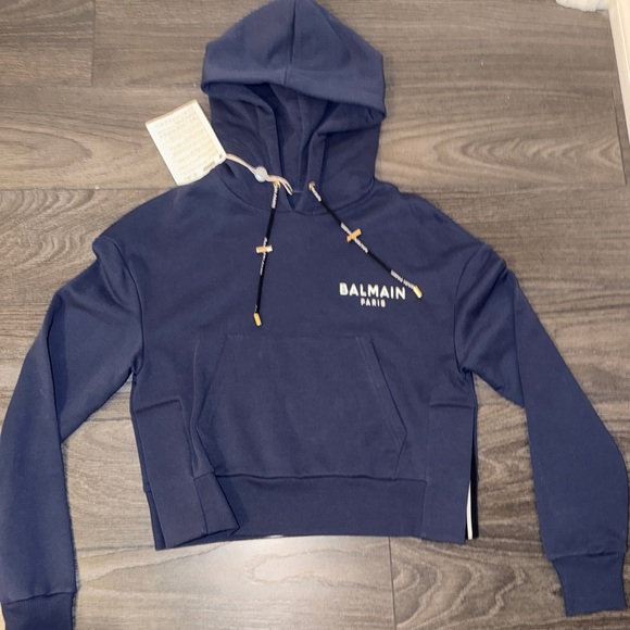 Balmain Tops - NEW W/ TAGS Balmain Women’s Navy Blue Cropped Logo Hoodie Sweatshirt